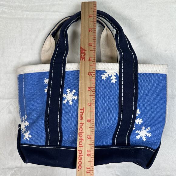 LL Bean Boat & Tote Blue with White Snowflake Canvas Double Handle Mini Tote Bag - Picture 10 of 13